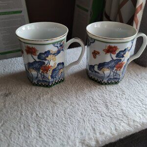 Vintage Seizan Fine China Mugs (2) Made In Japan Floral pattern Octagonal shape